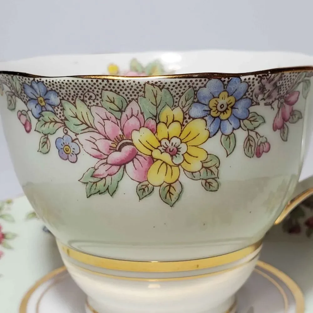 Colclough Teacup and Saucer Green Floral Vintage